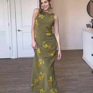 Soleil Soleil Ines Green Silk Floral Maxi Dress Size 3 | Designer Women’s Style